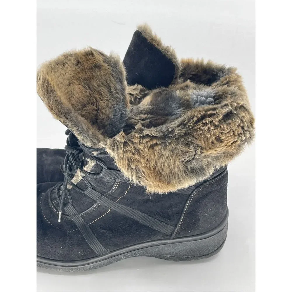 Ara Boots Magaly Women Size 6.5 Black Suede Gore Tex Faux Fur‎ Lace Up